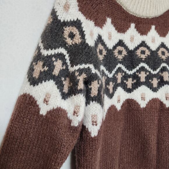 Sm Aerie Women's Fair Isle Crewneck Wool Blend Knit Sweater Brown Beige Pullover - Picture 2 of 5